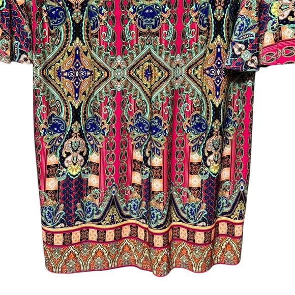 Nicole Miller Colorful Boho Paisley Print V-Neck 3/4 Length Bell Sleeve Dress - Picture 6 of 9